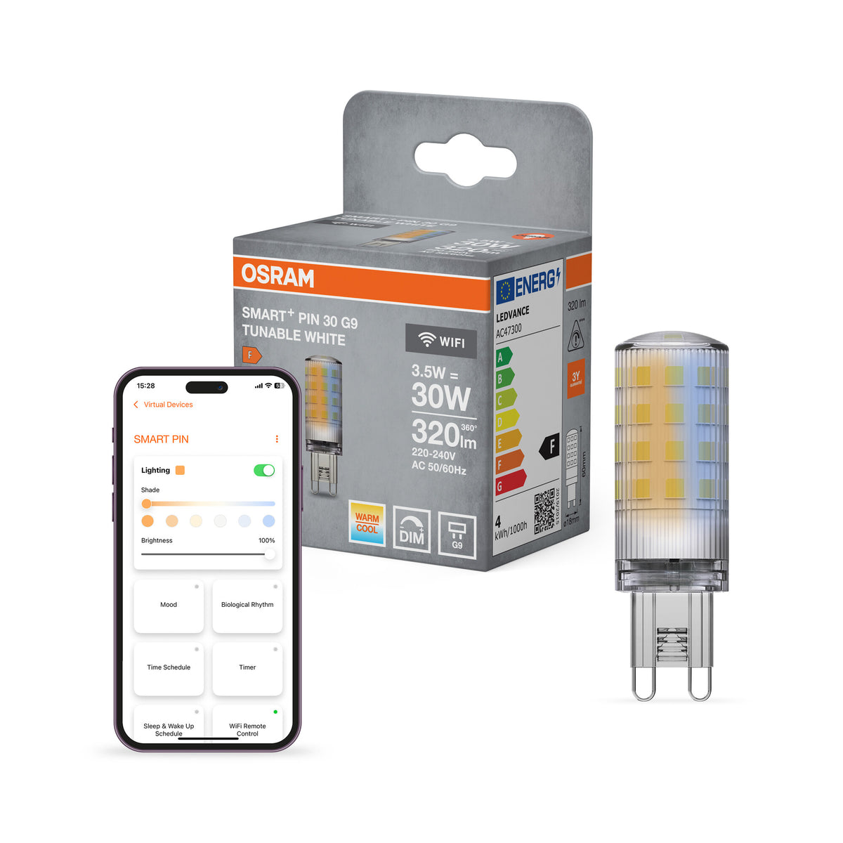 OSRAM SMART+ WIFI PIN G9 TUNABLE WHITE in Stift-Form, LED-Stiftsockellampe, klar, 3,5 W, 320 lm, von 2700 bis 6500 K, Wifi, Smartspeaker-Kompatibel, Dimmbar