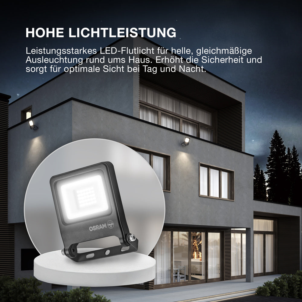 OSRAM ENDURA FLOOD PC 20W LED-Fluter, 3000K warmweiß, 1800 Lumen, IP65 Flutlicht,110° Abstrahlwinkel, 90 lm/W, Grau