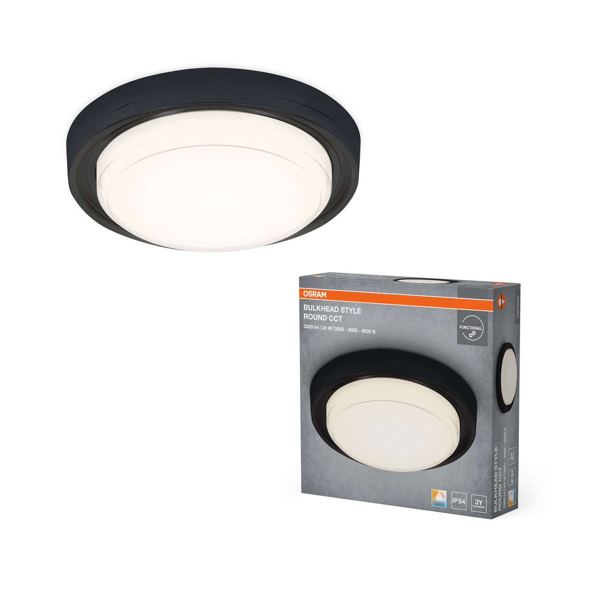 OSRAM Deckenleuchte Schwarz, 3000 K / 4000 K / 6500 K, Warmweiß, 2100 lm, 24 W, 22 cm ⌀