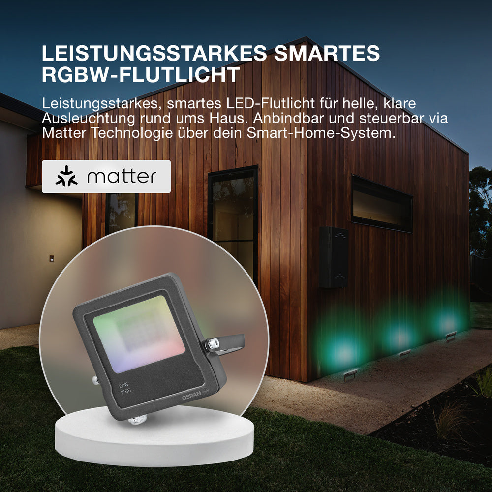 OSRAM SMART+ MATTER Floodlight LED-Fluter, 30W, 2400lm, RGBW 16 Mio. Farben, 3000K, WiFi, Matter, Alexa/Google, IP65
