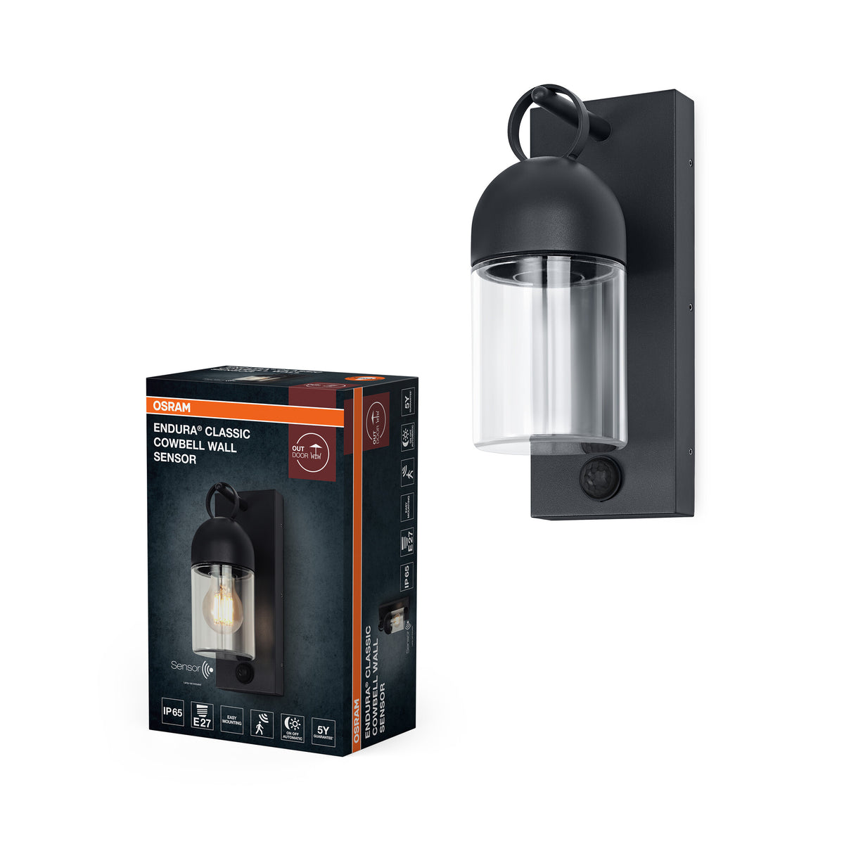 OSRAM Außenwandleuchte, Dark Grey, E27, IP65, Glas, Aluminium, PIR‑Bewegungsmelder, Tageslichtsensor, 25. 000 h Lebensdauer, 0-40 W