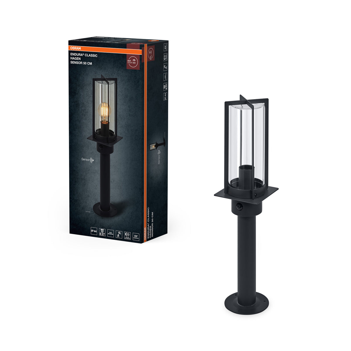 OSRAM Wegeleuchte, Dunkelgrau, E27, 50 cm, IP44, Glasabdeckung, PIR‑Bewegungsmelder, 220–240 V, 0-40 W, 25. 000 h Lebensdauer, IK03