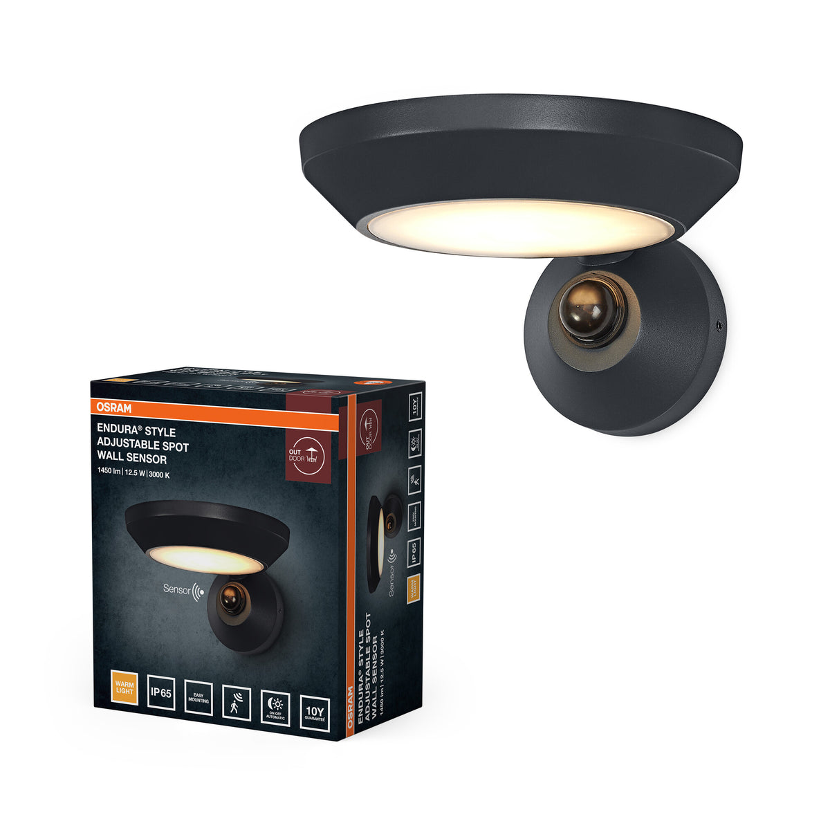 OSRAM Außenwandleuchte, Anthrazit, 12,5 W, 930 lm, 3000 K, 100° Abstrahlwinkel, IP65, 50. 000 h Lebensdauer, PIR-Bewegungsmelder, Diffusor aus Glas