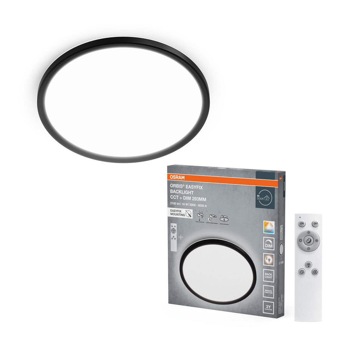 OSRAM ORBIS EASYFIX LED Backlight Deckenleuchte 29,3cm 18W CCT +DIM Fernbedienung, schwarz