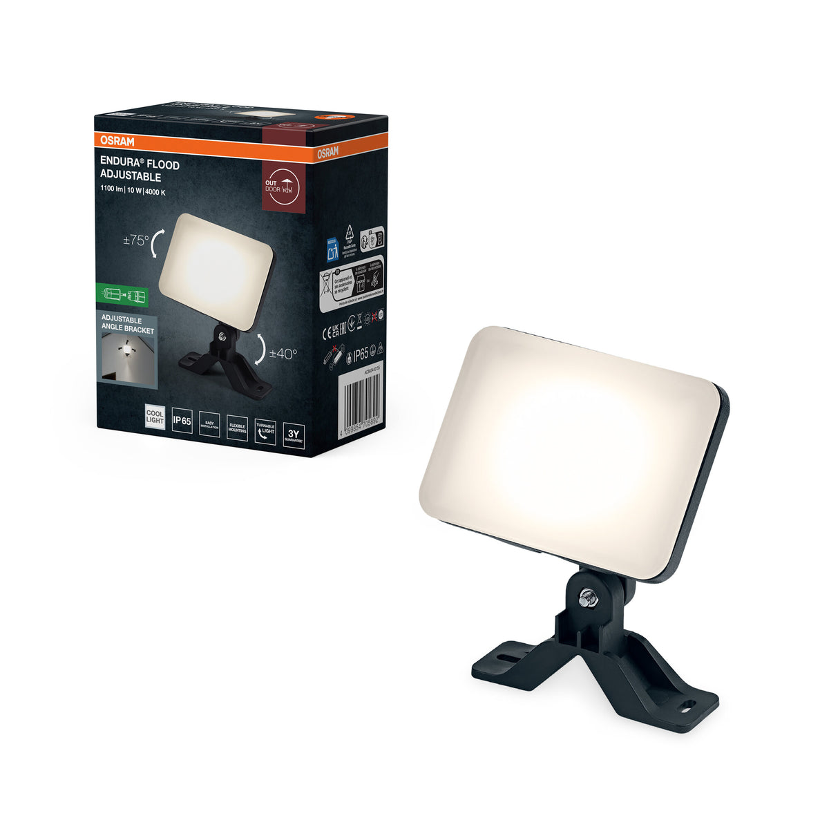 OSRAM ENDURA Flood Adjustable LED-Fluter, 10W, 850lm, 4000K Kaltweiß, Schwarz, Aluminium, schwenkbar, IP65