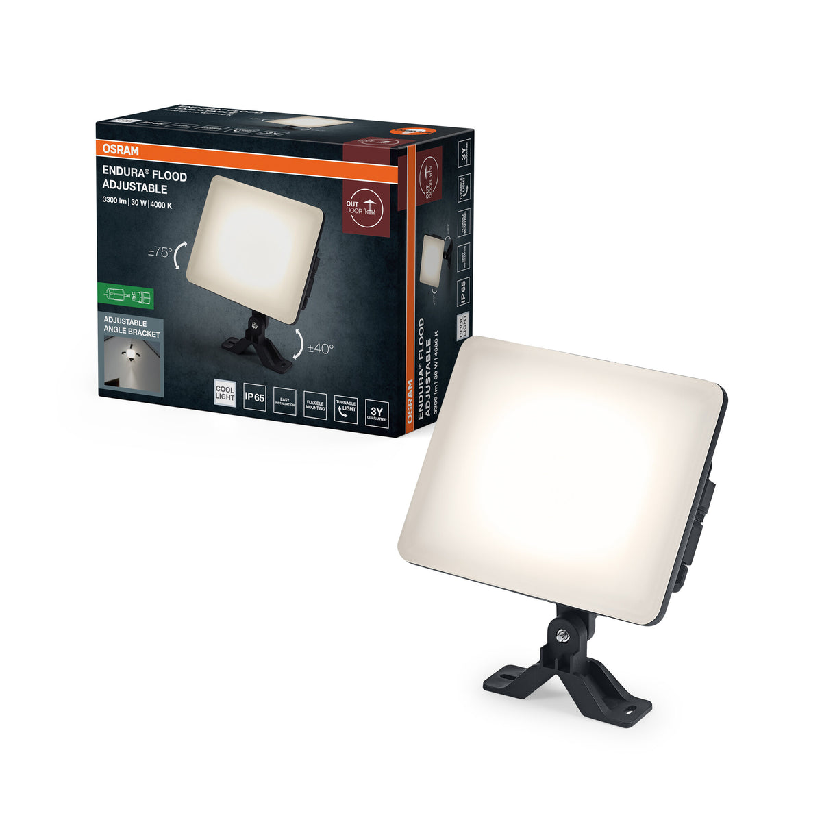OSRAM ENDURA Flood Adjustable LED-Fluter, 30W, 2550lm, 4000K Kaltweiß, Schwarz, Aluminium, schwenkbar, IP65