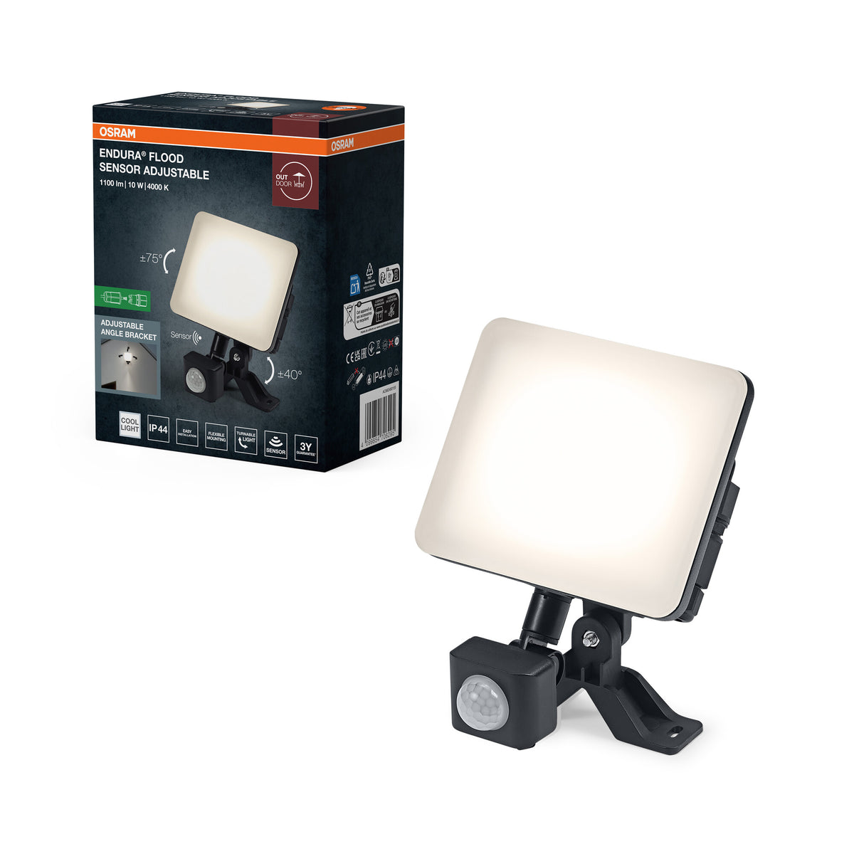 OSRAM ENDURA Flood Sensor Adjustable LED-Fluter, 10W, 850lm, 4000K Kaltweiß, Bewegungsmelder, Schwarz, Aluminium, IP44