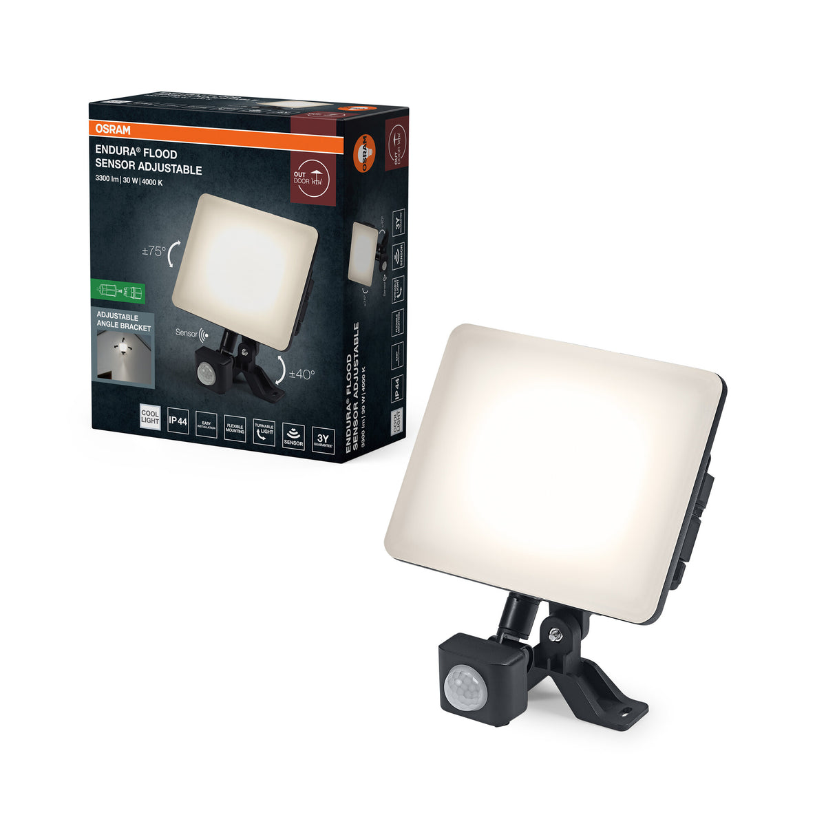 OSRAM ENDURA Flood Sensor Adjustable LED-Fluter, 30W, 2550lm, 4000K Kaltweiß, Bewegungsmelder, Schwarz, Aluminium, IP44
