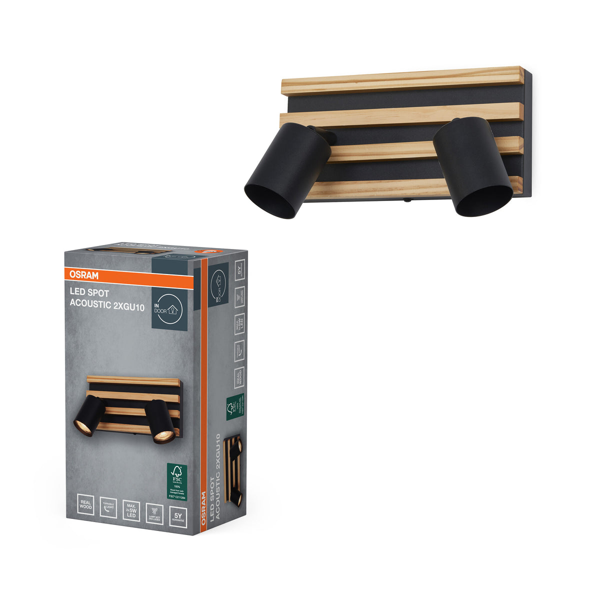 OSRAM Spot Wandleuchte Acoustic Schwarz/Holzdekor, Stahl und Kiefernholz, 220-240 V, GU10, Klemmanschluss, 3-polig (L, N, PE)