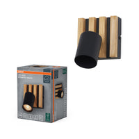 OSRAM Spot Wandleuchte Acoustic Schwarz/Holzdekor, Stahl und Kiefernholz, 220-240 V, GU10, Klemmanschluss, 3-polig (L, N, PE)