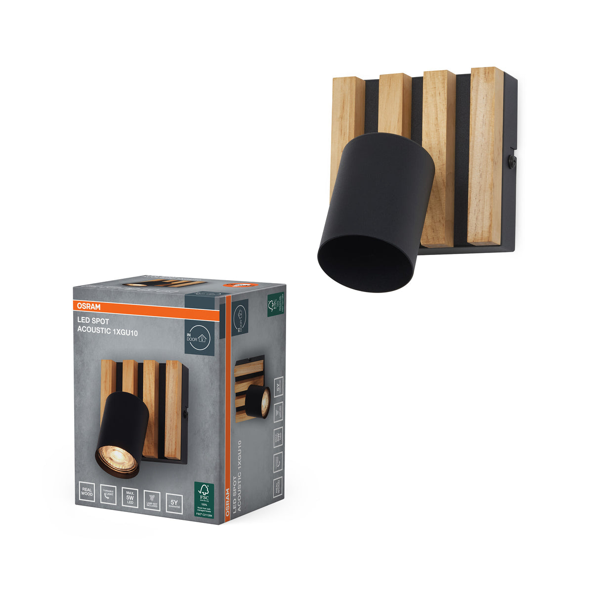 OSRAM Spot Wandleuchte Acoustic Schwarz/Holzdekor, Stahl und Kiefernholz, 220-240 V, GU10, Klemmanschluss, 3-polig (L, N, PE)