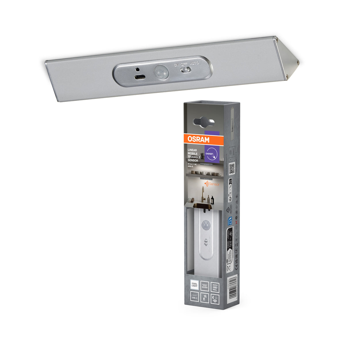 OSRAM Unterbauleuchte Linearled Mobile Triangle Silber, 20,5 cm x 2,57 cm, Kaltweiß, 4000 K, fest verbaute LED, 50 lm