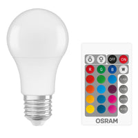 OSRAM LED Retrofit RGBW lamps with remote control in A-Form, LED-Lampe, Matt, 9,4 W, (ex 60 W), 806 lm, Warmweiß, 2700 K, Dimmbar, 25000 h, CRI 80, Fernbedienung, 2er