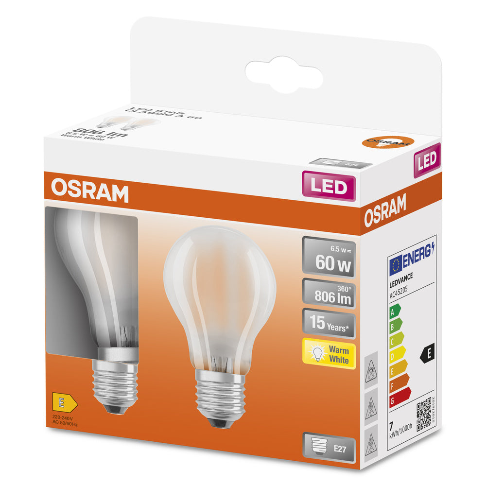OSRAM LED Lampe LED Retrofit CLASSIC A 6.5W 827 Frosted E27, 806 lm, 2700 K, Warmweiß, 2er Pack-LEDVANCE Shop