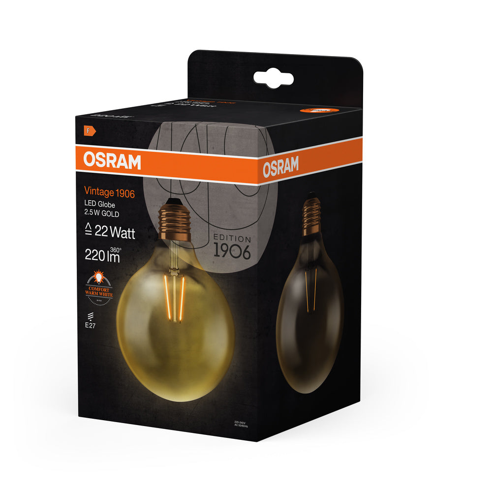 OSRAM VINTAGE 1906® LED Lampe LED CLASSIC GLOBE 2.5W 824 Gold E27, 220 lm, 2400 K, Warm Comfort Light-LEDVANCE Shop