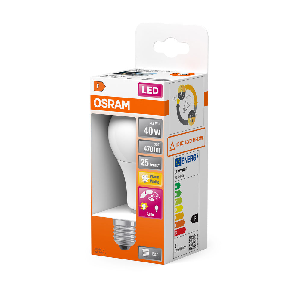 OSRAM DAYLIGHT SENSOR CLASSIC A LED Lampe 4.9W 827 Frosted E27, 470 lm, 2700 K, Warmweiß-LEDVANCE Shop