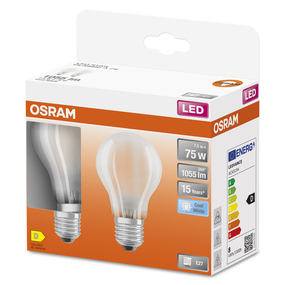 OSRAM LED Lampe LED Retrofit CLASSIC A 7.5W 840 Frosted E27 2er Pack, 1055 lm, 4000 K, Kaltweiß-LEDVANCE Shop