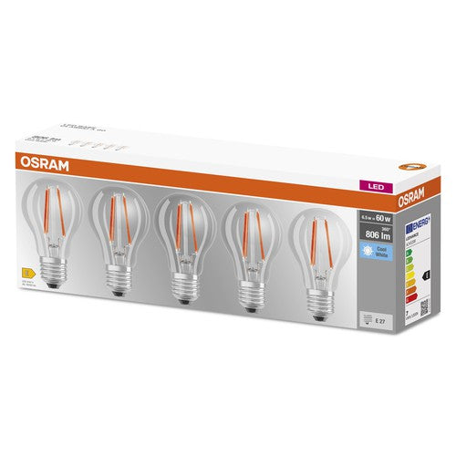 OSRAM LED BASE CLASSIC A Lampe klar (ex 60W) 6,5W / 4000K Kaltweiß E27 5er-Leuchtmittel-LEDVANCE Shop