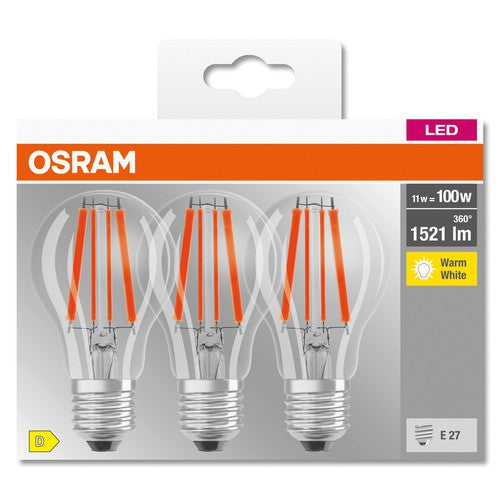 OSRAM LED BASE CLASSIC A Lampe klar (ex 100W) 11W / 2700K Warmweiß E27, 3er Pack-Leuchtmittel-LEDVANCE Shop