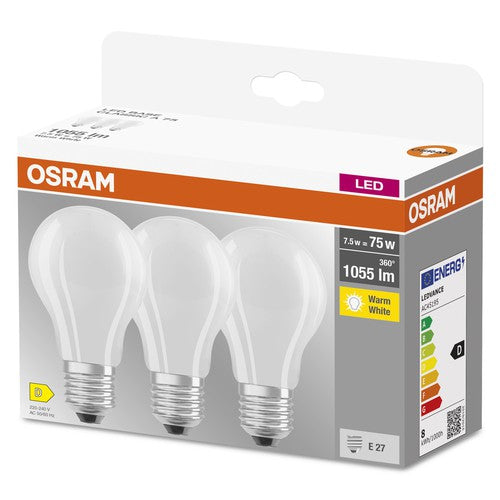 OSRAM LED BASE CLASSIC A Lampe matt (ex 75W) 7,5W / 2700K Warmweiß E27, 3er Pack-Leuchtmittel-LEDVANCE Shop