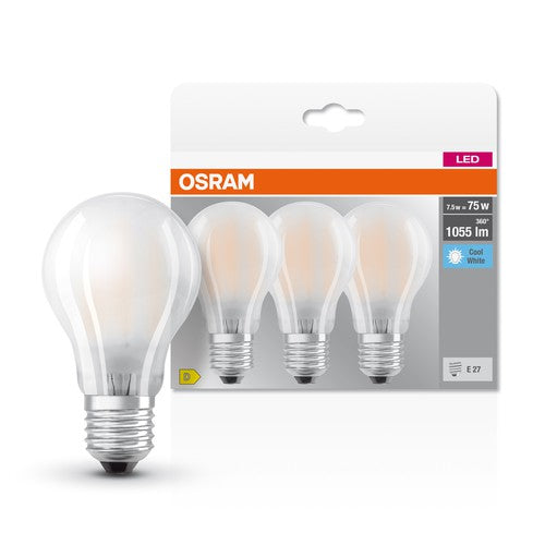 OSRAM LED BASE CLASSIC A Lampe matt (ex 75W) 7,5W / 4000K Kaltweiß E27, 3er Pack-Leuchtmittel-LEDVANCE Shop